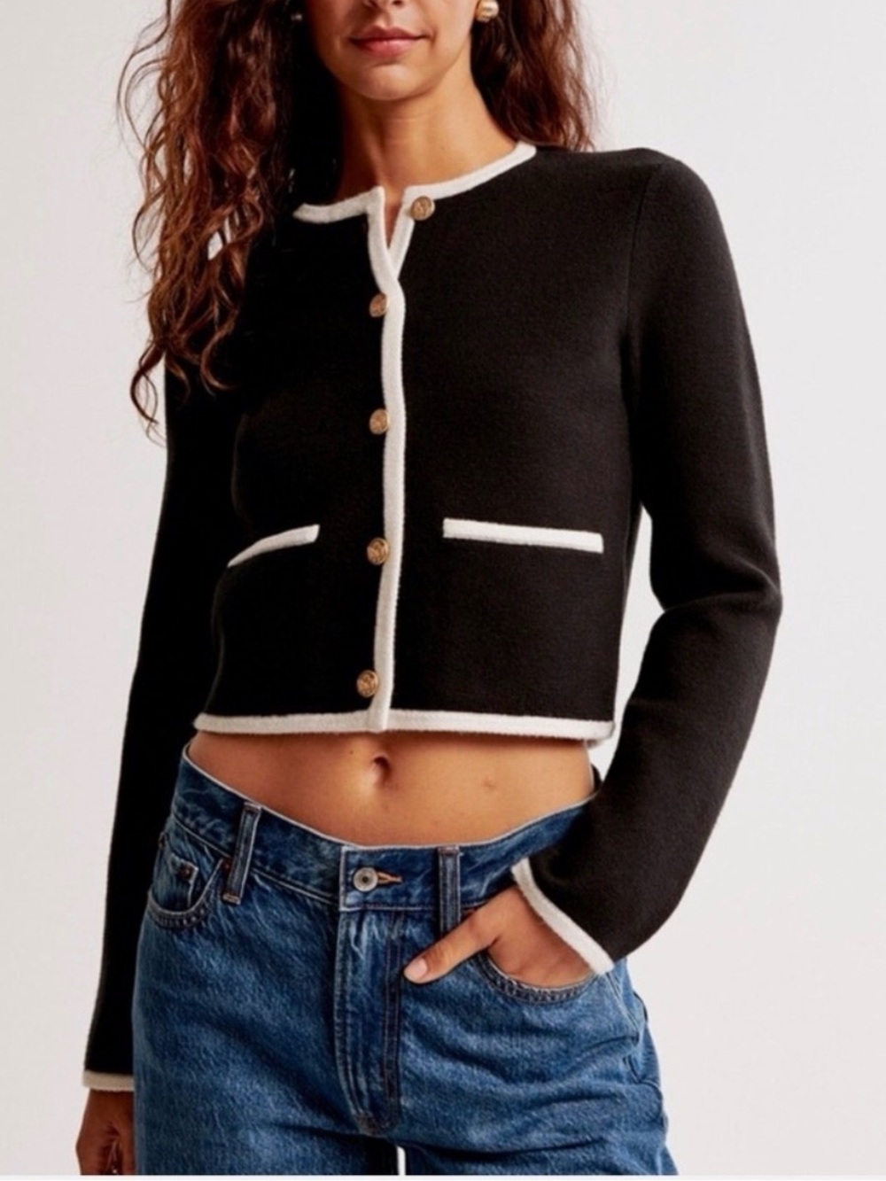 Abercrombie & Fitch Black Cropped Cardigan with White Trim